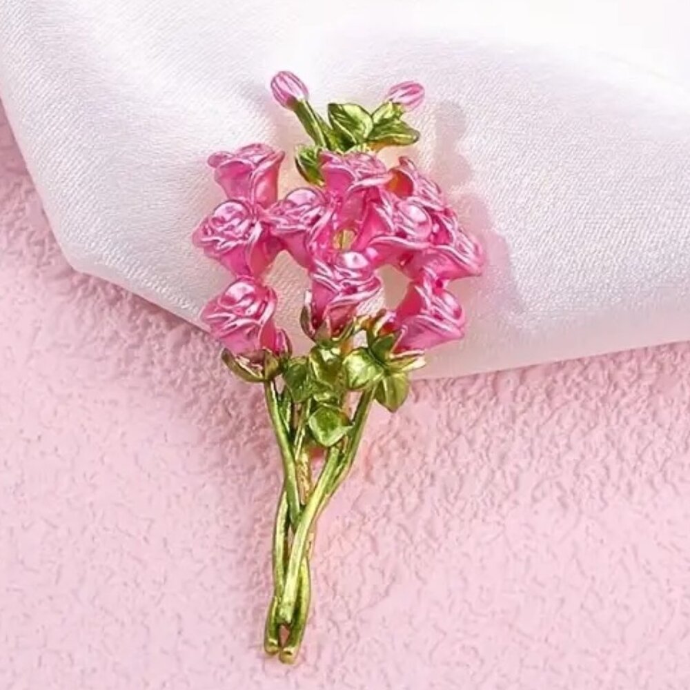 Pink Roses with green stems Brooche Pin NEW